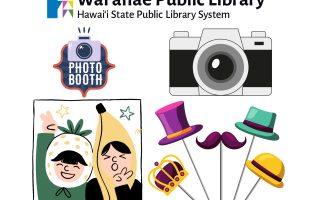 Illustrations of a fruit-themed photo booth with fun food and fruit decorations and props