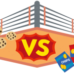 Illustration with a boxing ring, cookies, and chips.
