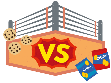Illustration with a boxing ring, cookies, and chips.