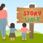 Cartoon woman and children about to go on a story walk together