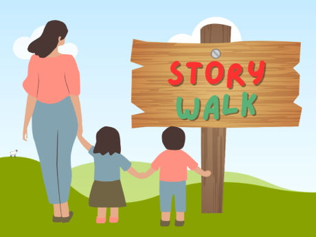 Cartoon woman and children about to go on a story walk together