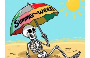 cartoon image of a skeleton sitting on the beach in the sun holding an umbrella that says "Summer-ween"