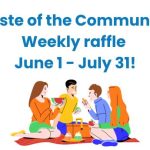 Text Taste of the Community Week Raffle June 1 - July 31! 4 people sitting on a blanket eating food and socializing