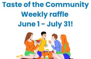 Text Taste of the Community Week Raffle June 1 - July 31! 4 people sitting on a blanket eating food and socializing