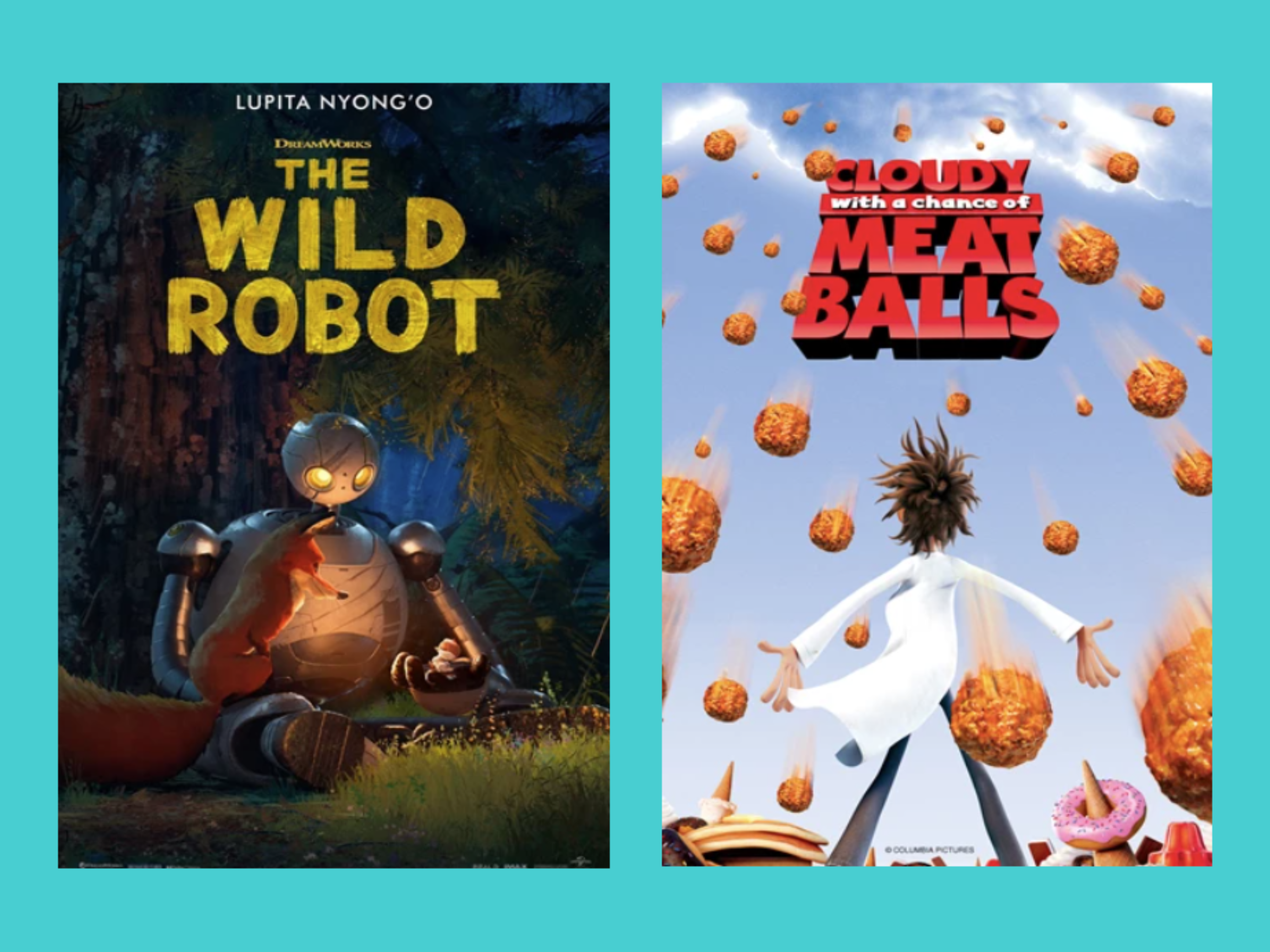 Movie posters for the movies: "The wild robot" and "Cloudy with a chance of meatballs"