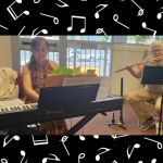 Music note background, female playing keyboard, male playing flute
