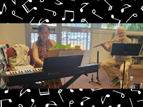 Music note background, female playing keyboard, male playing flute