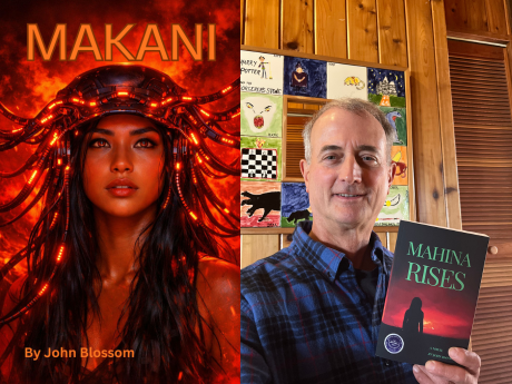 book cover with female surround by red glow and man holding book entitled Mahina Rises