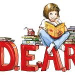 Drawing of girl sitting on top of the word "DEAR" reading a book.