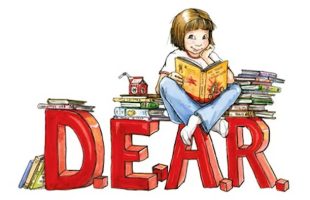 Drawing of girl sitting on top of the word "DEAR" reading a book.