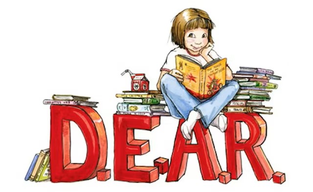 Drawing of girl sitting on top of the word "DEAR" reading a book.