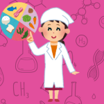 female in lab coat holding circle with food pictures