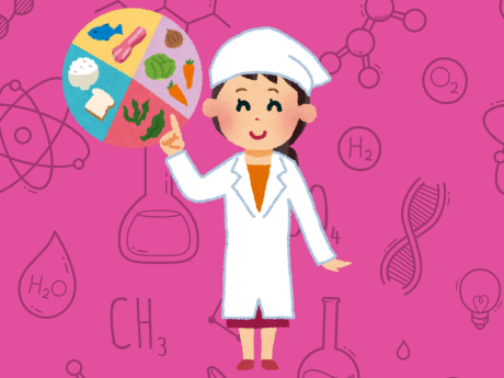 female in lab coat holding circle with food pictures