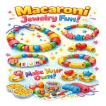 Macaroni art jewelry with supplies displayed.