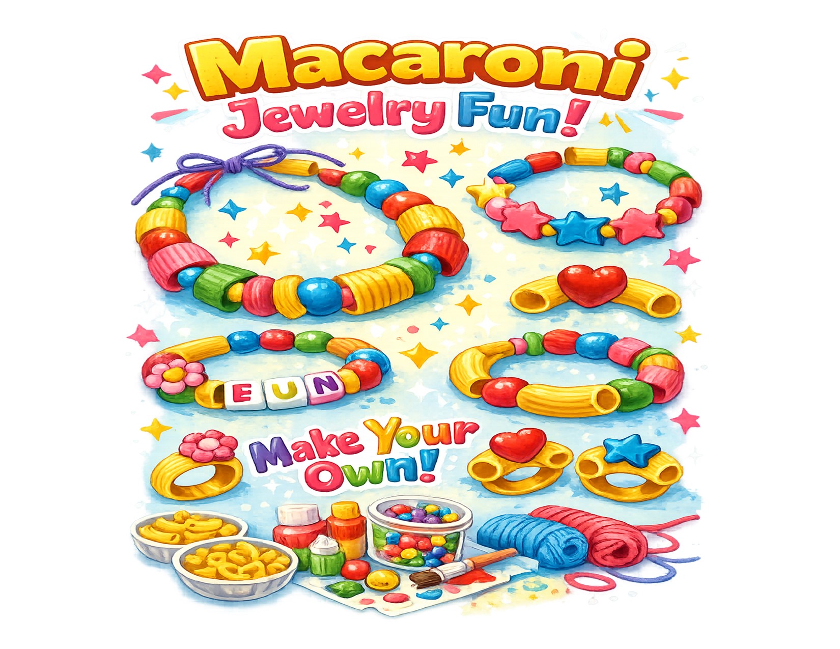Macaroni art jewelry with supplies displayed.