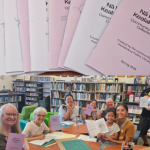 bound pamphlet book and group of people holding completed bound books.