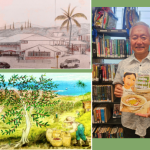 teshima restaurant sketch, painting of coffee picking, man holding book