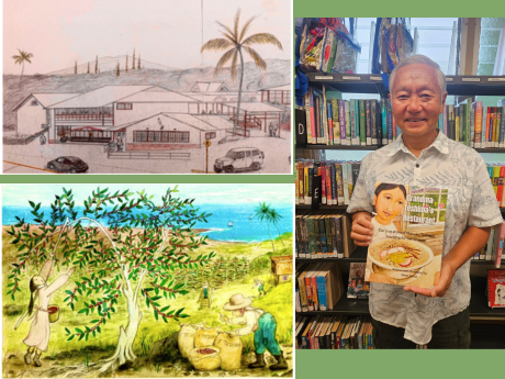 teshima restaurant sketch, painting of coffee picking, man holding book
