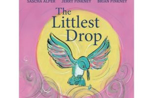 Cover of "The Littlest Drop" features a vibrant illustration of a hummingbird catching a drop of water, with swirling pink and yellow backgrounds.