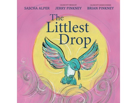Cover of "The Littlest Drop" features a vibrant illustration of a hummingbird catching a drop of water, with swirling pink and yellow backgrounds.
