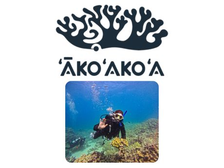 Akoʻakoʻa reef restoration logo with name and image of coral; photo of scuba diver in ocean over reef