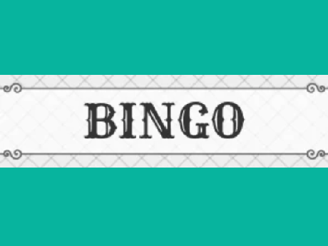 the word BINGO with a teal background and filigree gray décor