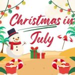 illustrated image of a snowman, presents, christmas lights, plam trees, and umbrellas on a beach with text that reads "Christmas in July"