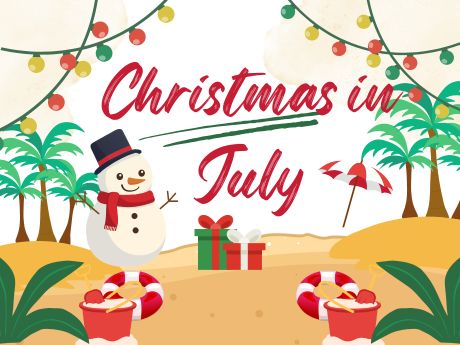 illustrated image of a snowman, presents, christmas lights, plam trees, and umbrellas on a beach with text that reads "Christmas in July"