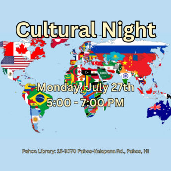 A world map where countries are covered by their flags. Cultural Night and the date of the program are in light yellow.