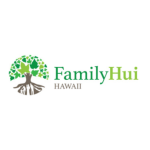 Logo for Family Hui Hawaii. Green tree with brown roots on the left, Family Hui in green on the right.