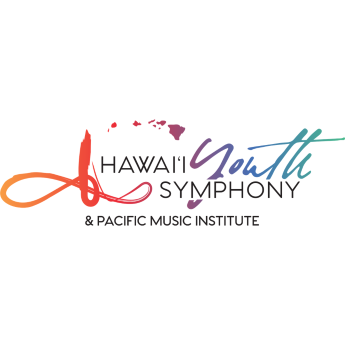 Logo for the Hawaii Youth Symphony. Logo is in red, the Hawaiian Islands are in deep reds and purples, and the word youth gradates from purples to green.