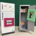 Miniature papercraft fridge and school locker each displaying a magnetic picture frame made from perler beads.