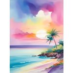 Watercolor painting of a beach with palm trees, azure ocean, and purple-pink clouds