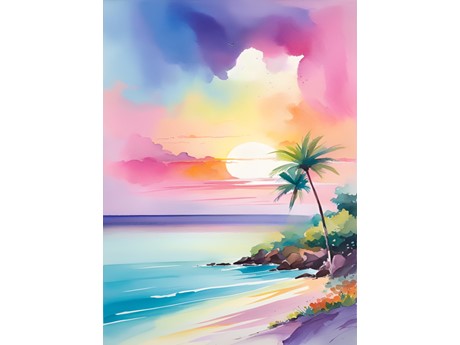 Watercolor painting of a beach with palm trees, azure ocean, and purple-pink clouds
