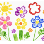 Print artwork featuring a sun and flowers using shapes from cut vegetables