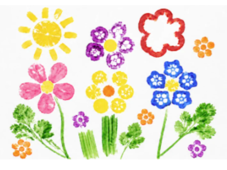 Print artwork featuring a sun and flowers using shapes from cut vegetables