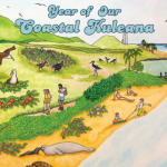 Illustration of a coastal environment including beaches, tide pools, fish ponds, native birds, native plants, and people. Text reads "Year of our Coastal Kuleana"