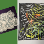 block printed image of ferns and rubber block print of a gourd