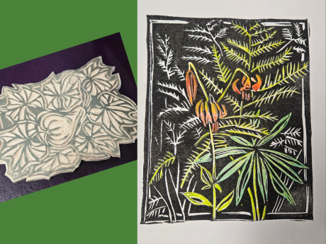 block printed image of ferns and rubber block print of a gourd