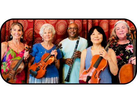 5 musicians, 4 women, one man, each holding instruments including violin, cello, clarinet, in front of red background