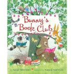 Animals reading under a tree with a "Bunny's Book Club" banner. A bear, bunny, raccoon, and others share books, creating a joyful, literary scene.
