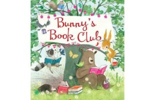 Animals reading under a tree with a "Bunny's Book Club" banner. A bear, bunny, raccoon, and others share books, creating a joyful, literary scene.