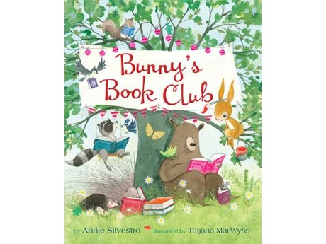 Animals reading under a tree with a "Bunny's Book Club" banner. A bear, bunny, raccoon, and others share books, creating a joyful, literary scene.