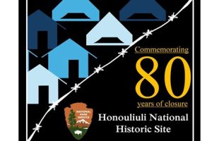 Graphic featuring stylized blue barracks, barbed wire, and the text 'Commemorating 80 years of closure, Honouliuli National Historic Site'. National Park Service logo included.