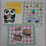 3 handmade cards - panda with shaved ice, ice cream truck, picnic