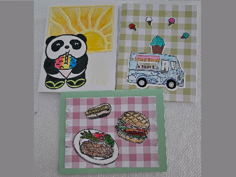 3 handmade cards - panda with shaved ice, ice cream truck, picnic
