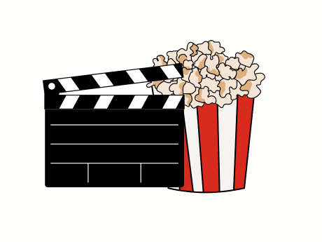 Clapboard with bucket of popcorn next to it