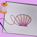 a white card with embroidered seashell, needle, and thread