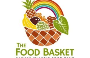 basket of produce with a rainbow behind it
