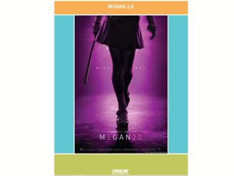 Poster for M3GAN 2.0 shows a figure in skirt, shrouded in dark lighting and holding an unidentifiable sharp object. Phrase “MISS ME?” centered.